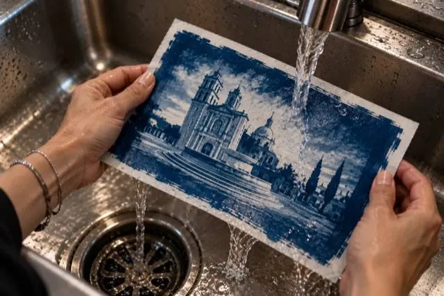 Cianotipia revelándose bajo el agua