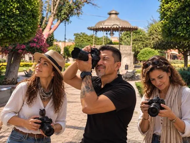 Fotógrafos practicando con sus cámaras en la plaza de Tequisquiapan