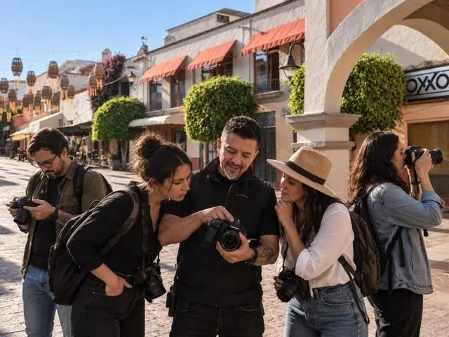 Grupo fotografiando con cámaras digitales en el centro de Tequisquiapan