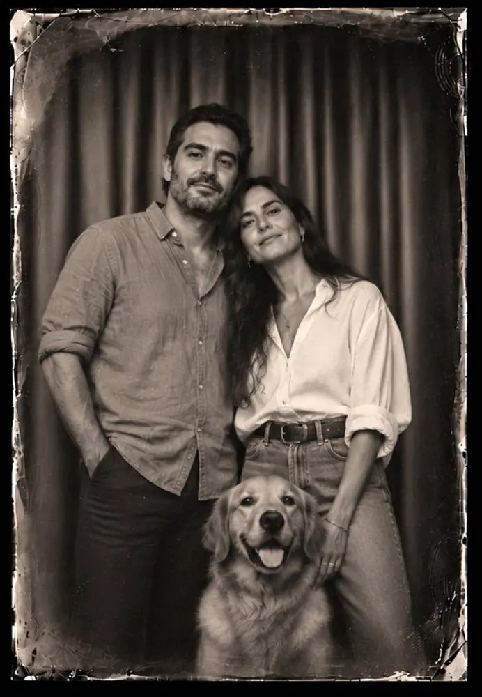 Retrato en placa de colodión de una pareja con su perro