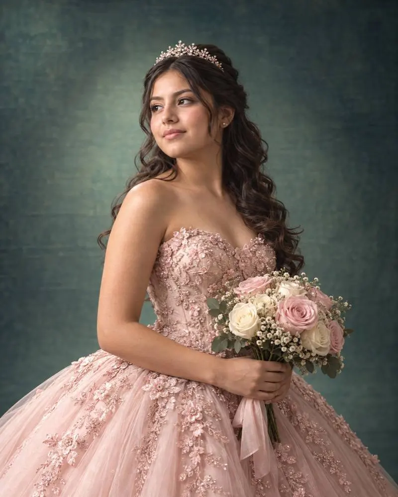 Sesión de XV años con vestido rosa y ramo