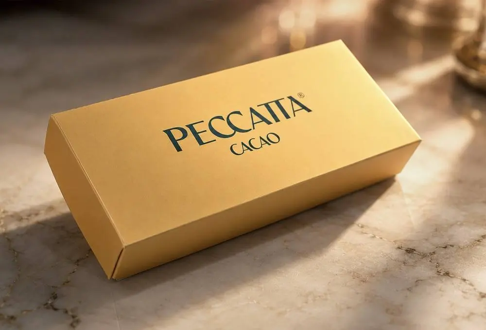 Caja de chocolate Pecatta Cacao sobre mármol
