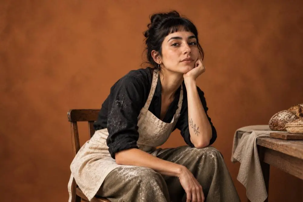 Retrato de una emprendedora con mandil, en su taller